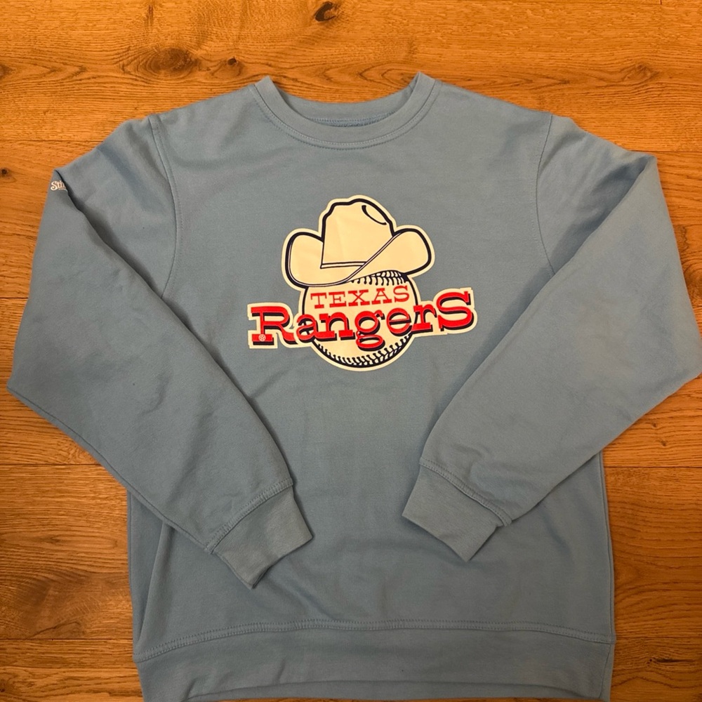 Texas Rangers Crewneck Sweatshirt Blue Cowboy Hat Logo Stitches MLB Medium